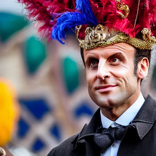 Prompt: Emmanuel Macron in Venice wearing a carnival mask , 150mm photography, high quality, 4K