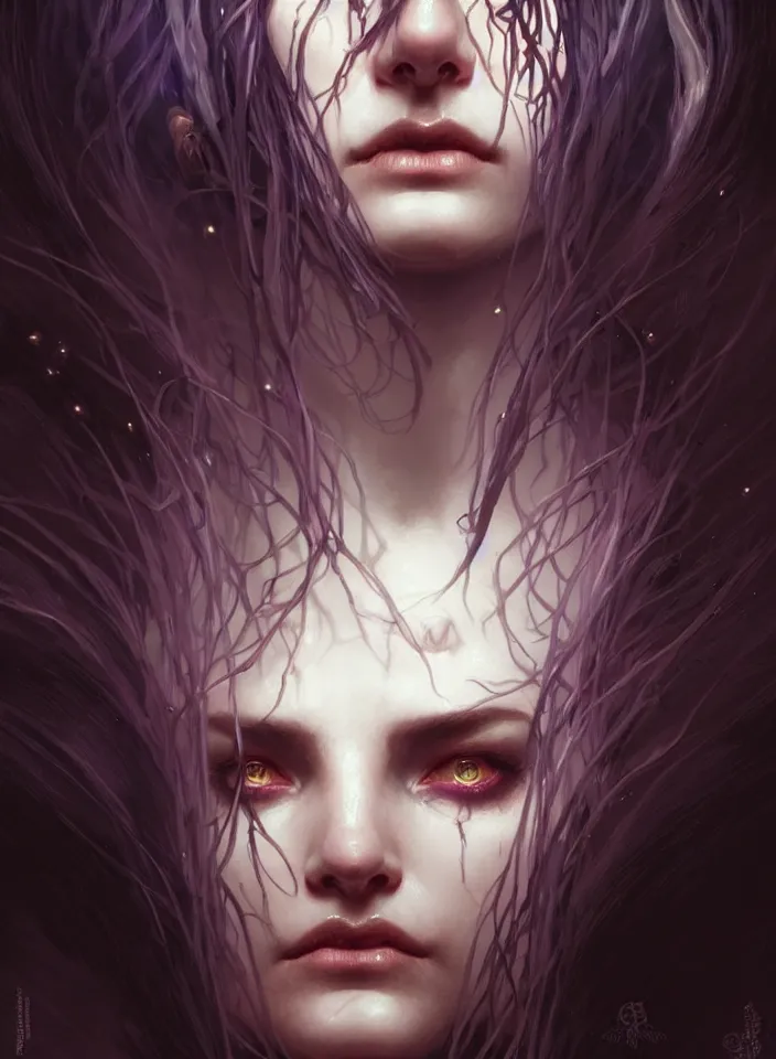 Image similar to Necromancer Sorceress face close-up macro in center, fantasy magic, undercut hairstyle, dark light night, intricate, elegant, sharp focus, illustration, highly detailed, digital painting, concept art, matte, art by WLOP and Artgerm and Greg Rutkowski and Alphonse Mucha, masterpiece