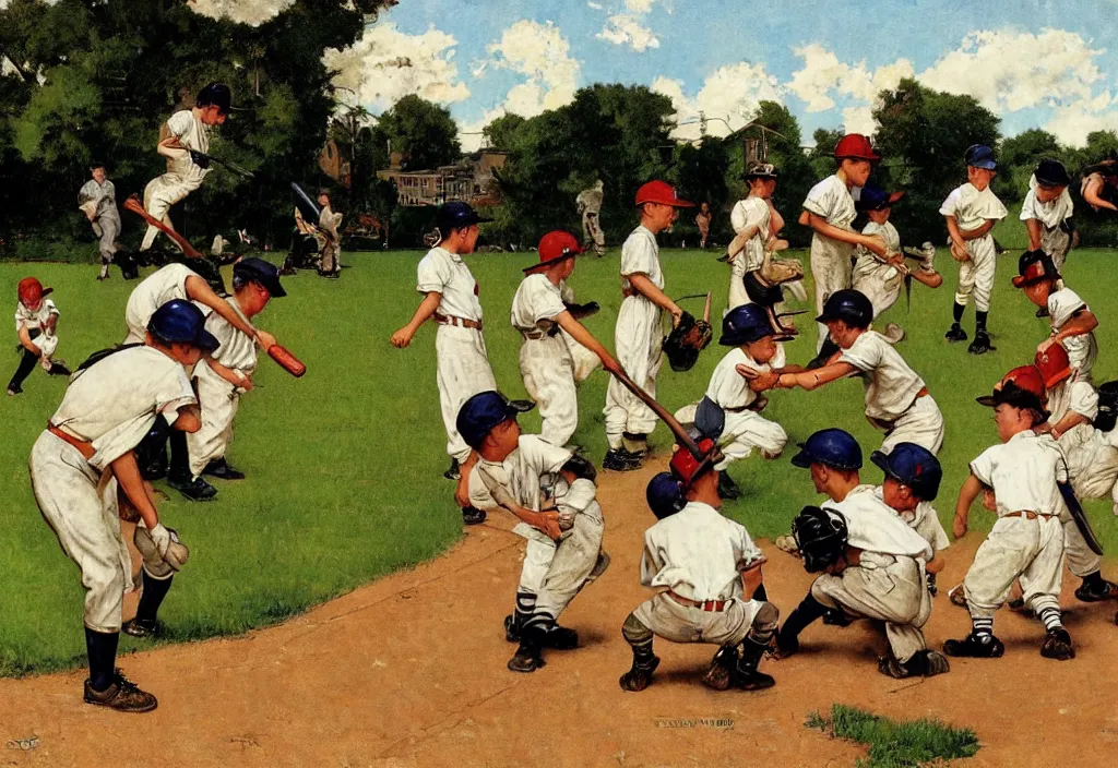 Image similar to a group of kids playing baseball by Norman Rockwell