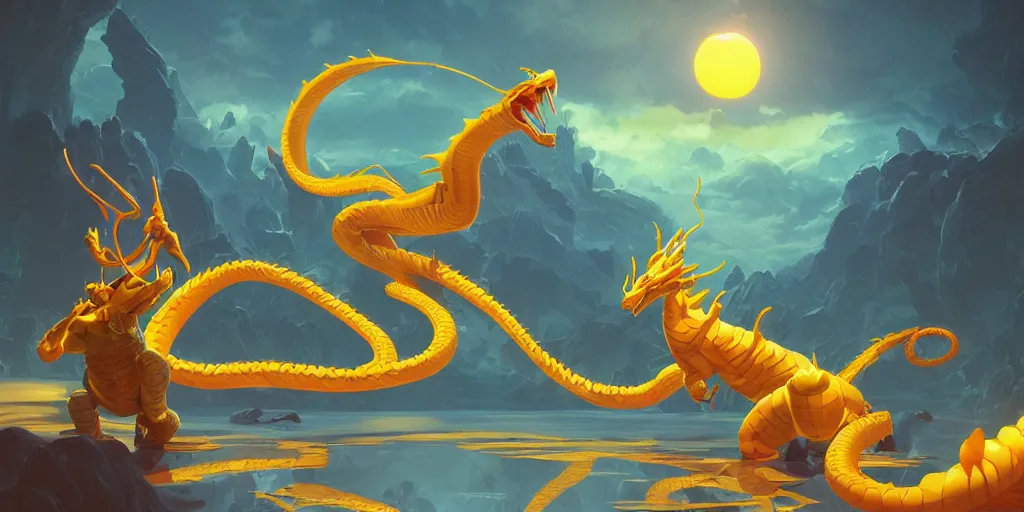 Prompt: shenron dragon glowing yellow, reaching to sky, octane render, unreal engine 5, hyperdetailed, masterpiece, matte painting concept blizzard pixar maya engine on night stylized background splash artstation lois van baarle, ilya kuvshinov, rossdraws