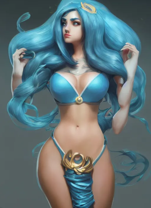 Image similar to sophisticated sona, from league of legends, au naturel, with a abs, pawg, light blue, hyper detailed, digital art, trending in artstation, studio lighting, studio quality, smooth render, unreal engine 5 rendered, octane rendered, art style by klimt and nixeu and ian sprigger and wlop and krenz cushart