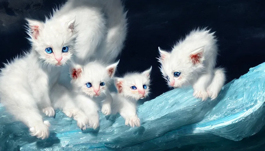 Image similar to highly detailed painting of white cute baby furry japanese dragon kittens on a blue and white iceberg by william turner, by greg rutkowski, by william constable, thick brush strokes and visible paint layers, 4 k resolution