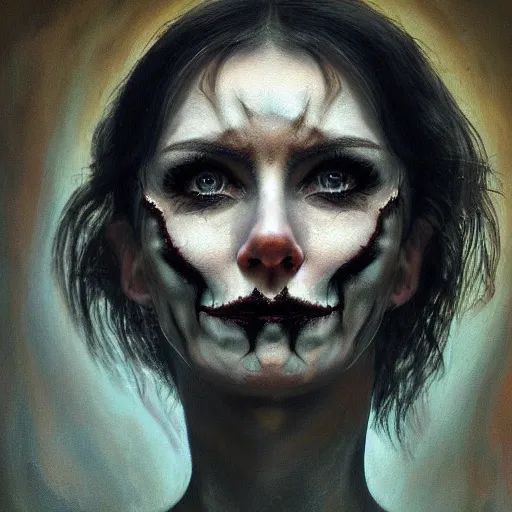 Image similar to hyperrealistic scary beautiful maniac deformed woman portrait of deep layers of fear sharp focus