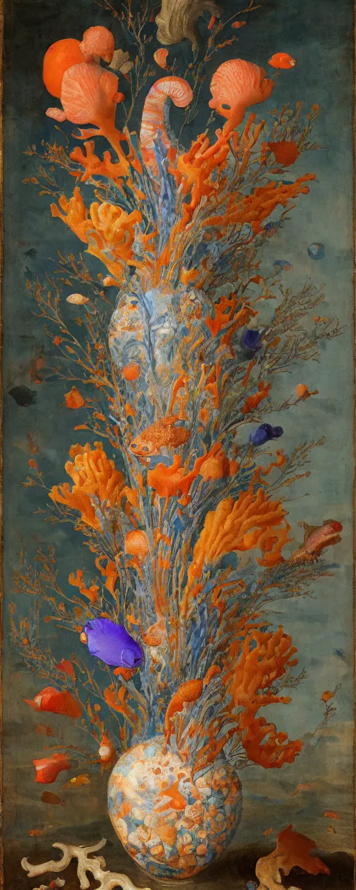 Prompt: bottle vase of coral under the sea decorated with a dense field of stylized scrolls that have opaque outlines enclosing mottled blue washes, with orange shells and purple fishes, Ambrosius Bosschaert the Elder, oil on canvas, hyperrealism, around the edges of there are no objects