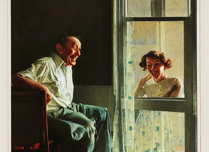 Image similar to a laughing man sitting by the window, a slim woman in the background, norman rockwell