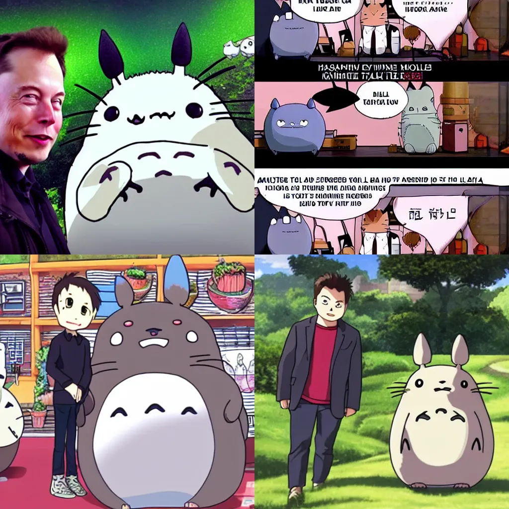 Prompt: Elon Musk meet Totoro in anime style in Ghibli studio cartoon