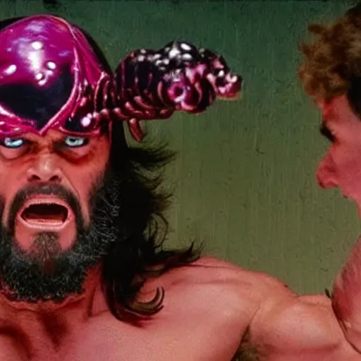 Prompt: Macho Man Randy Savage hitting the demogorgon with a steel chair in Stranger Things