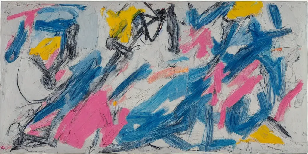 Prompt: de kooning thin scribble on white canvas, blue and pink shift, sketch, drawn by yves tanguy, 1 9 8 1, oil on canvas, thick impasto