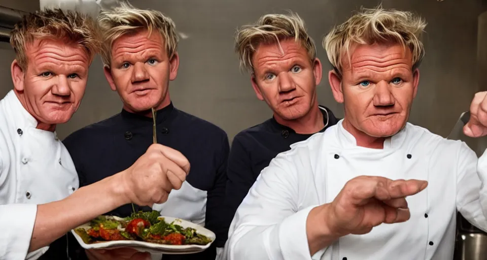 Image similar to gordon ramsay and gordon ramsay showing the camera a dish that each of them prepared