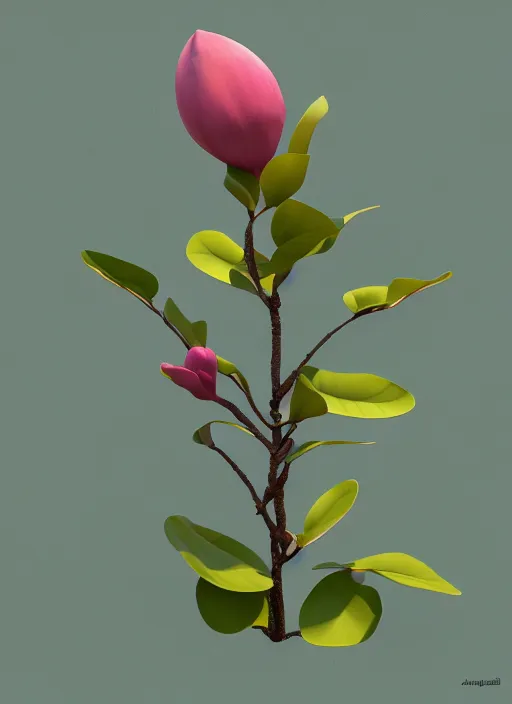 Image similar to an isolated magnolia plant, full view, centered, 3 d render, art nouveau dark outlines, ultra realistic, transparent background, popular on sketchfab, pixelsquid, 8 k, volumetric lighting, super focused, no blur, trending on artstation, octane render, ultra detailed, hyperrealistic, by james gurney, greg rutkowski and alphonse mucha