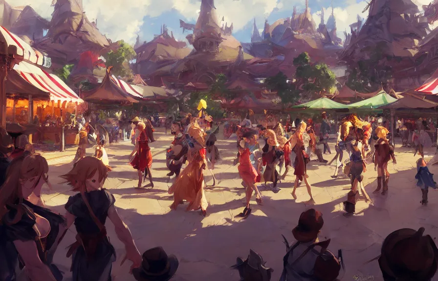 Image similar to greg manchess concept art of the millennial fair from chrono trigger, outdoor fairgrounds, striped pavillions, leene's bell, key visual, ambient lighting, highly detailed, digital painting, artstation, concept art, sharp focus, by makoto shinkai and akihiko yoshida and hidari and wlop and greg rutkowski