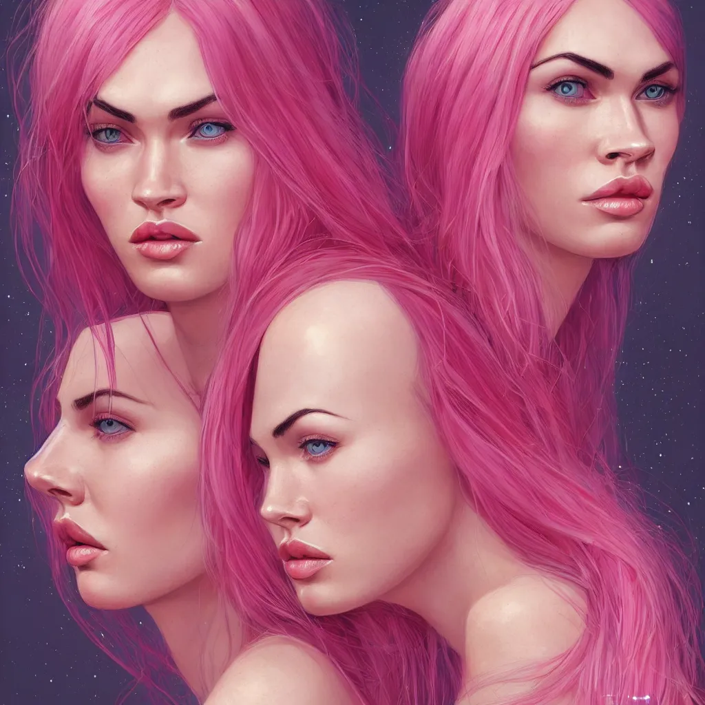 Image similar to Portrait of a beautiful pale skin Nordic female megan fox with long pink hair, elegant, photorealistic, highly detailed, artstation, smooth, sharp focus, gold ornaments, neon lighting, sci-fi, art by Klimt