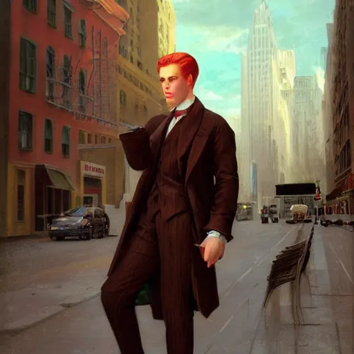 Image similar to pale Donal Glison, red hair, no beard, in New York, cinematic lighting, highly detailed, digital art, Renaissance painting, by Leyendecker, by Rutkowsky,