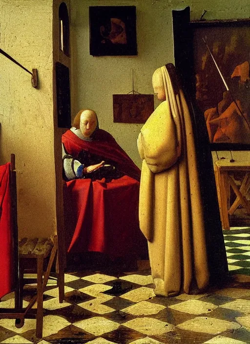 Image similar to paints, brushes, medieval painting by jan van eyck, johannes vermeer, florence