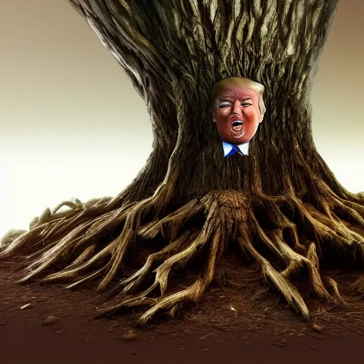 Image similar to donald trump is fused into a tree stump, hyperdetailed, artstation, cgsociety, 8 k