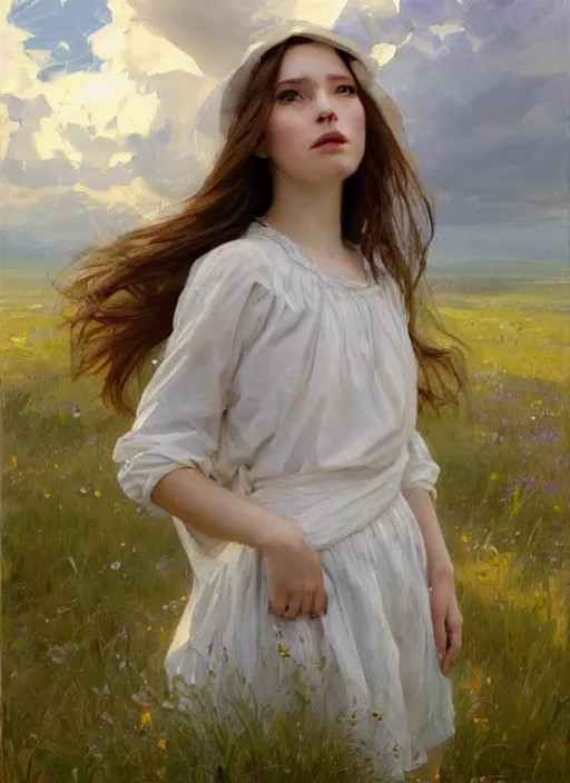 Image similar to portrait of girl dressed in white clothes , countryside, fantasy character portrait, dynamic pose, above view, view from above, sunny day, thunder clouds in the sky, artwork by Jeremy Lipkin and Giuseppe Dangelico Pino and Michael Garmash and rob rey, very coherent symmetrical artwork, perfect face, simple form, 100mm