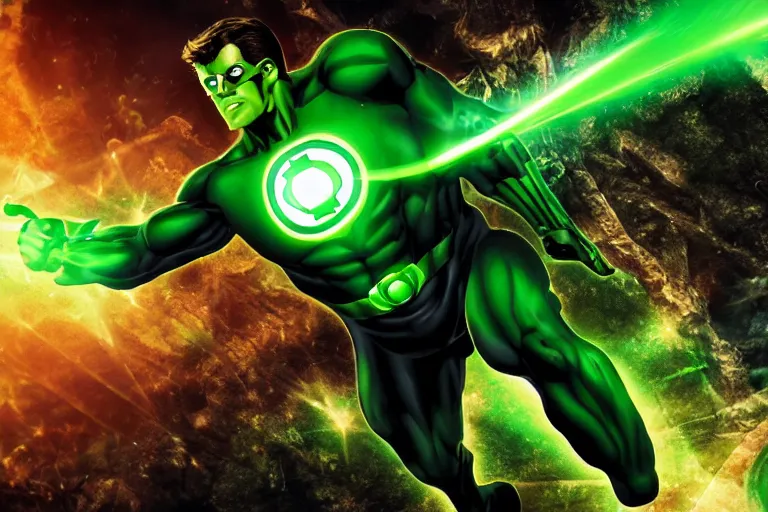 Image similar to green lantern creating a giant hammer, comicbook style, epic background, dof