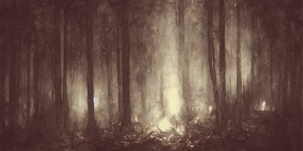 Prompt: bohemian grove in the woods, ominous atmosphere, dark environment, torches source of orange light. art by artem demura