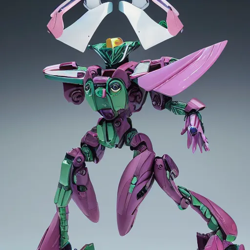 Image similar to futuristic nymphaea themed mecha waterlily upper body, flower sepals forming helmet, evangelion, nymphaea, 8 k hd resolution, barbatos gundam with floral inlay, bandai box art, star wars, makoto kobayashi, frank gehry, beeple, metal shaded