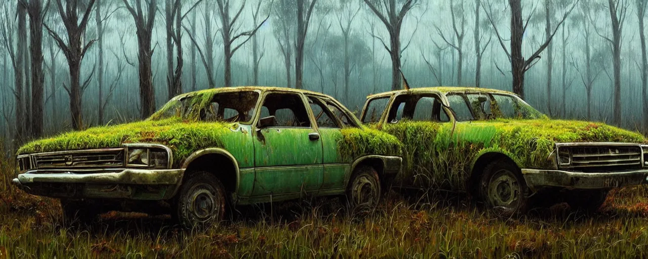 Image similar to hyperealistic painting of an australian landscape, abandoned holden covered with moss. by Simon Stålenhag !