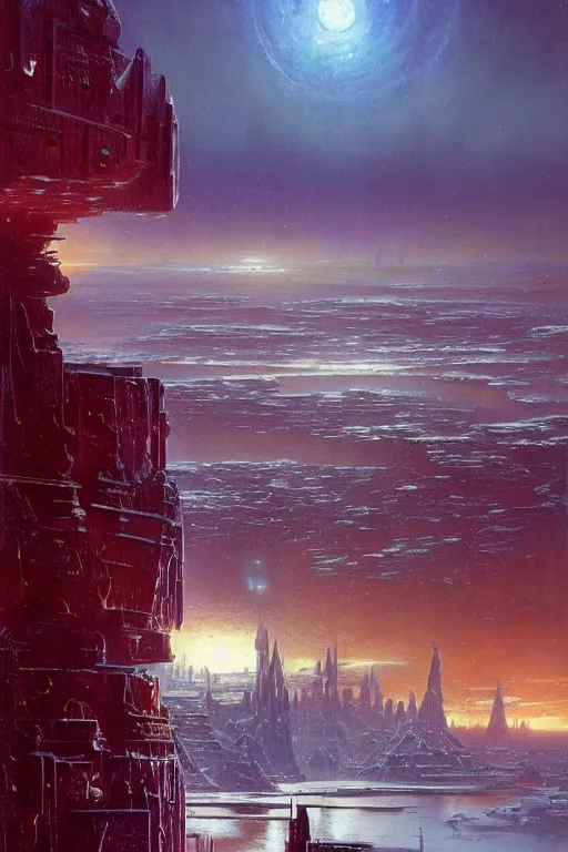 Image similar to a city in an icy landscape, cosmic sky sci - fi vivid by bruce pennington, greg rutkowski