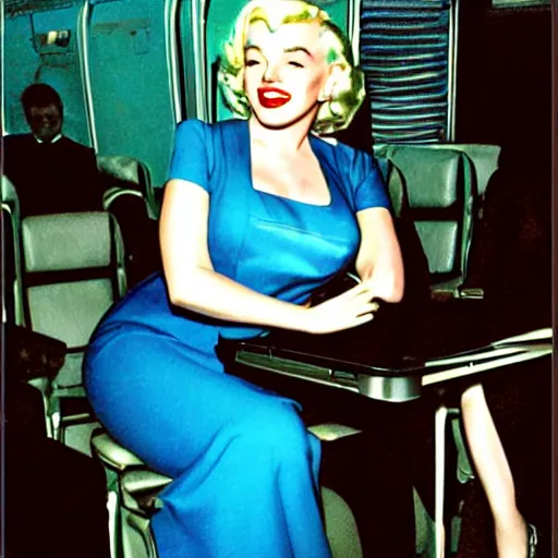 Prompt: iPhone digital photography of marilyn monroe as a flight attendant in 2014, pixellated, low resolution smart phone image