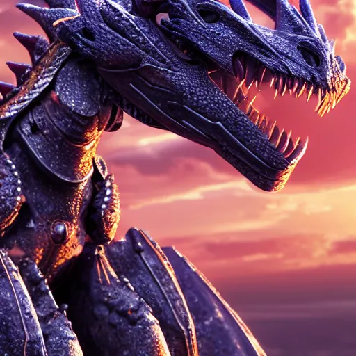 Image similar to a highly detailed close up of a beautiful majestic anthropomorphic robot female dragon, with smooth and streamlined armor, standing and posing elegantly on a beach, well detailed head, with sharp claws on her hands and feet, two arms, two legs, long tail, artstation, DeviantArt, professional, octane render, sunset lighting