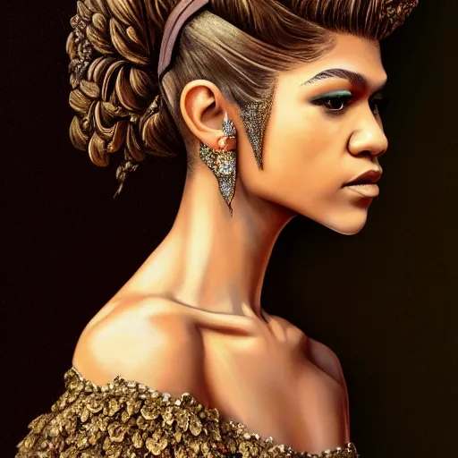 Image similar to painted portrait of zendaya wearing baroque clothing, profile view, extremely detailed, anatomically correct, hd, 8k, high quality, high res