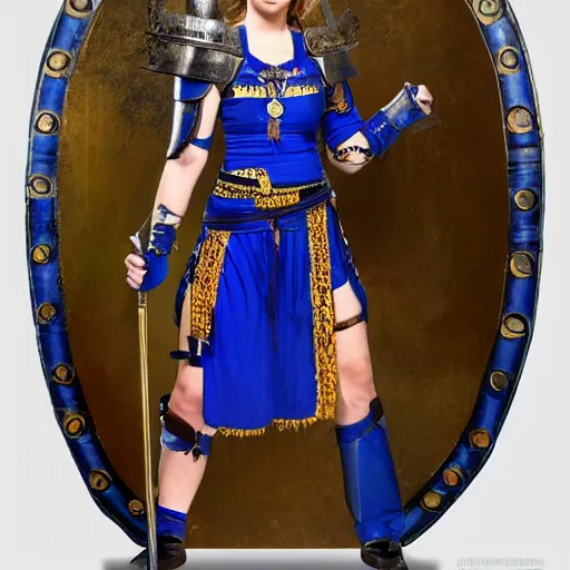 Image similar to full body photo of a female warrior with lapis lazuli armour and weapons