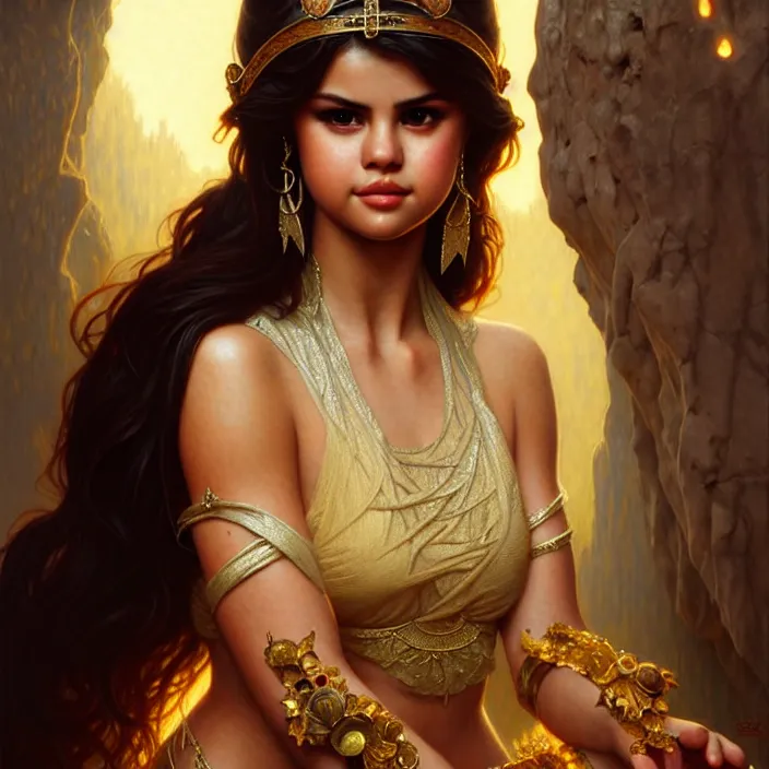 Prompt: ancient queen selena gomez, diffuse lighting, fantasy, intricate, elegant, highly detailed, lifelike, photorealistic, digital painting, artstation, illustration, concept art, smooth, sharp focus, art by john collier and albert aublet and krenz cushart and artem demura and alphonse mucha