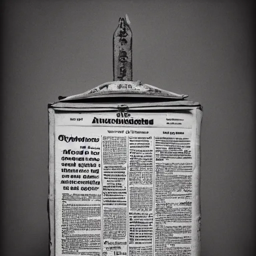 Prompt: isometric view of an hybrid ethnographic object on display, ( conceptual art ), ( ready - made ), offset photography, black, white, and orange, old newspaper