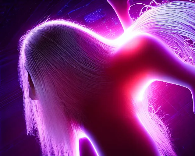 Image similar to glowing hair, complex cybernetic beings, beautiful hairy humanoids, cybermagnetosphere, cybernetic civilizations, ornate hair, love, joy, vortexes, large arrays, data holograms, 8 k, cinematic light shadows, wet hdr refractions, *, * * *, * * * * *