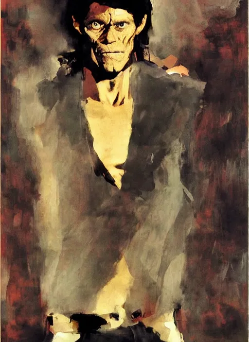 Image similar to willem dafoe, painting by phil hale, fransico goya,'action lines '!!!, graphic style, visible brushstrokes, motion blur, blurry