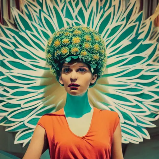 Image similar to giant flower head, frontal, girl standing in mid century hotel, surreal, symmetry, bright colors, cinematic, wes anderson