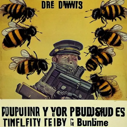 Prompt: + a security guard slumps sleeping at a computer + a swarm of bumblebees carries a weapon, highly detailed, ww 2 american propoganda poster, colorized