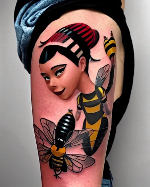 Image similar to a tattoo of bee movie on the face of a woman with crimson - black hair, cute crimson - black bee - themed outfit, cinematic lighting, beautiful composition