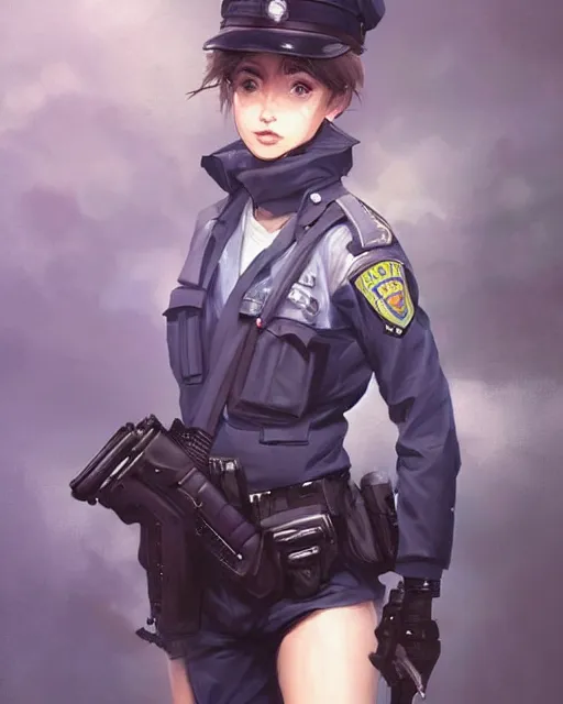 Image similar to Hyper realistic painting of a beautiful girl in a police uniform, hyper detailed, anime, by greg rutkowski, trending on artstation