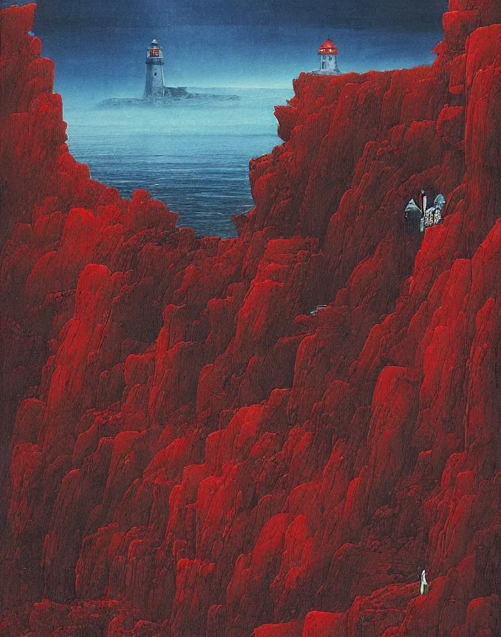 Image similar to worshippers in red robes belonging to the cult of the lighthouse clambering out of the water onto the rocky shore at the base of the light house, walking into the entrance of the light house, high detailed beksinski painting, part by adrian ghenie and gerhard richter. art by takato yamamoto. masterpiece, deep colours, blue