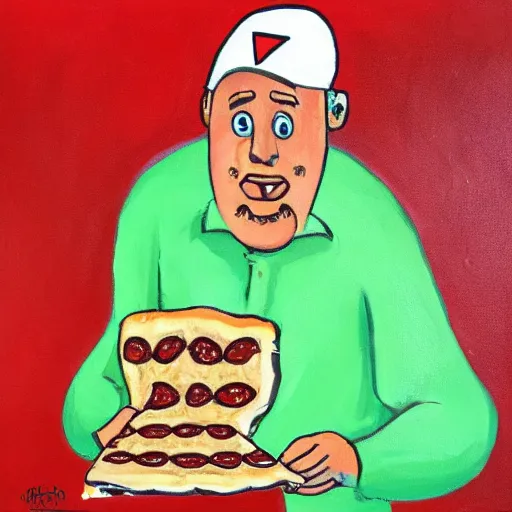 Prompt: ' man at the elections, putting a slice of pizza in the ballot. oil painting'