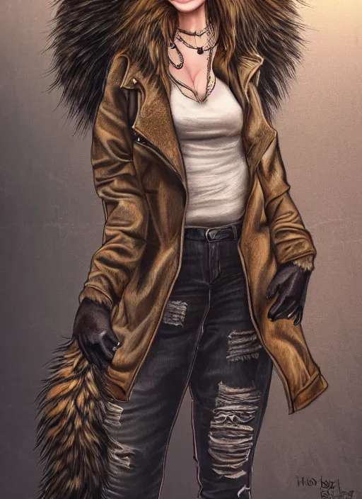 Prompt: award winning beautiful portrait commission of a female furry anthro hyena fursona with a bushy tail and a leather jacket, detailed background, urban streets, artificial lighting, cute, beautiful, attractive, detailed,