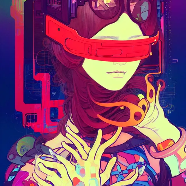 Prompt: a beautiful painting of a cyberpunk blindfolded girl by sachin teng and pascal blanche and alphonse mucha! and sam yang and josan gonzalez!. in style of conceptual art. colorful comic, film noirs, brush stroke, vibrating colors, hyper detailed. octane render. trending on artstation