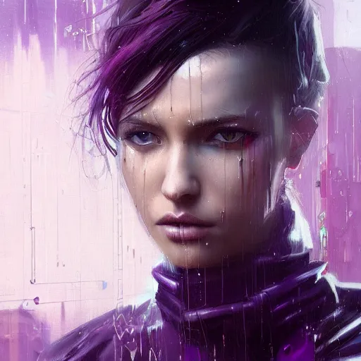 Prompt: very detailed masterpiece painting of a very beautiful wet caucasian young cyberpunk woman with dark purple hair, cyberpunk background, raining, closeup, portrait, artstation, concept art by greg rutkowski