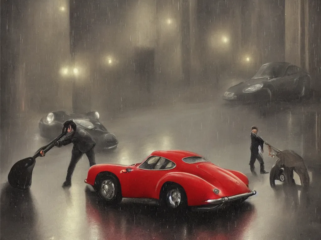 Image similar to Mysterious figure swings a heavy sledgehammer at a silver Porsche 550 with its headlights on, parked on the side of the road in the city of Cologne in the rain, by George Tooker, moody, ominous, lighting, hyper-realistic.