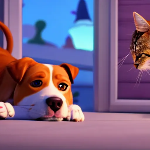 Prompt: a dog and a cat doing crimes, pixar, 8k