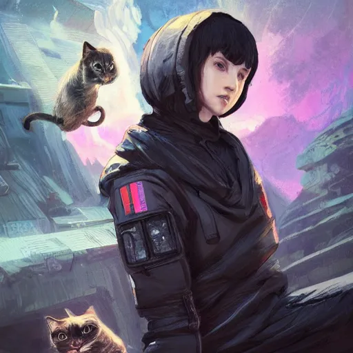 Prompt: a pale skinny white young girl, black hair, the hime cut, in a black hoodie, and two cats, apex legends character, digital illustration portrait design, by android jones and greg rutkowski, retrowave color scheme, detailed, cinematic lighting, wide angle action dynamic portrait