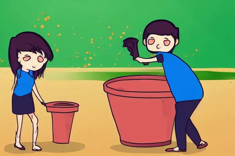 Image similar to a guy putting a dustbin over the head of a girl, in the style of chibi