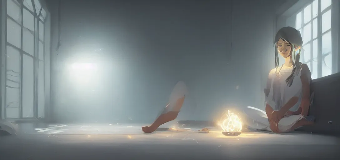 Prompt: Young Himalayan woman concerned in an empty room using psychic powers to make a lighter float| night time scene, plain walls |somber white eyes, long messy hair | gentle lighting, futuristic, dim lighting, digital art by Makoto Shinkai ilya kuvshinov and Wojtek Fus, digital art, concept art,