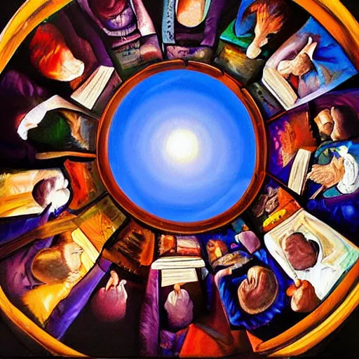 Image similar to A beautiful painting of a group of people standing around a circular table. In the center of the table is a large, open book. The people in the painting are looking at the book with interest and appear to be discussing its contents. iridescent by Phil Koch control the soul, contest winner