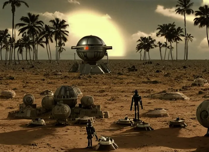 Prompt: screenshot of a wide shot of tropical planet Imperial Probe Droids from star wars, the 1970s film by Stanley Kubrick, attacking Han Solo, iconic scene, stunning cinematography, hyper-detailed, crisp, anamorphic lenses, kodak color film stock, 4k, stunning