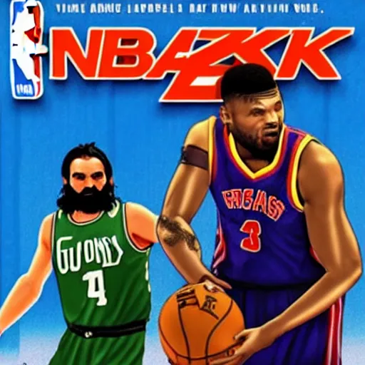 Image similar to nba 2 k video game cover art depicting charles manson dunking a basketball